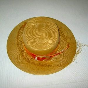 Leslie James Designer Straw Hat Orange Belt Brass Buckle Accent